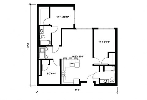 Floor plan for 2 beds, 2 baths, 1130 sqft